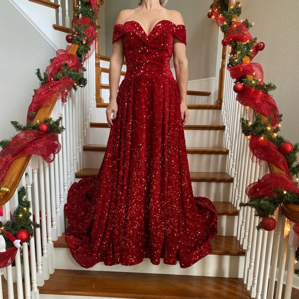 Dress, womens long formal Red sequins Size 4-6 w/ adjustable lace up back to fit
